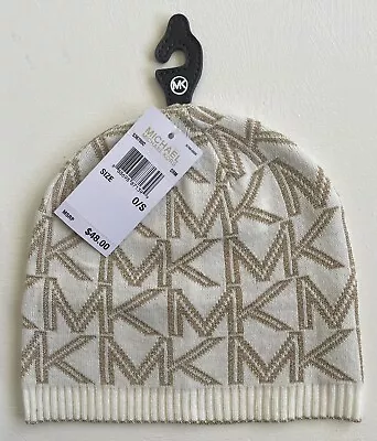 New Womens MICHAEL KORS Logo Beanie Hat Cap Cream Gold Metallic One Size $48 • $19.99