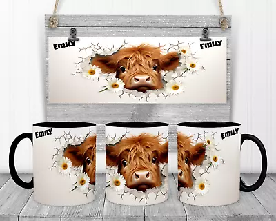3D Highland Cow Cracked Look Tea Coffee Mug Personalised Cow Gift Birthday • £8.29
