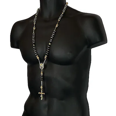 Mens Hip Hop 8mm BLACK Bead 14kt G.P Rosary Pray Hand & Jesus Cross Necklace GBK • $18.45