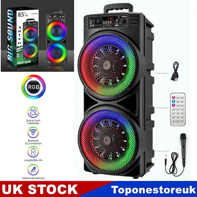 Portable Bluetooth Speaker Wireless Dual 8.5  Subwoofer Bass Party Karaoke Mic • £42.99