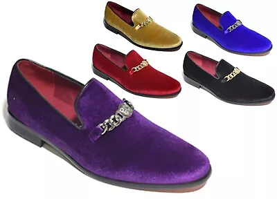 Mens Velvet Shoes Chain Casual Slip On Dress Party Loafer Wedding Uk Sizes 6-11 • £23.99