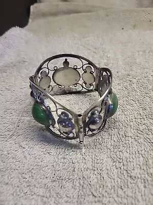 Vintage Taxco Mexico Sterling Silver Greenstone Cabochon Bracelet 7 In 60g • $188.88