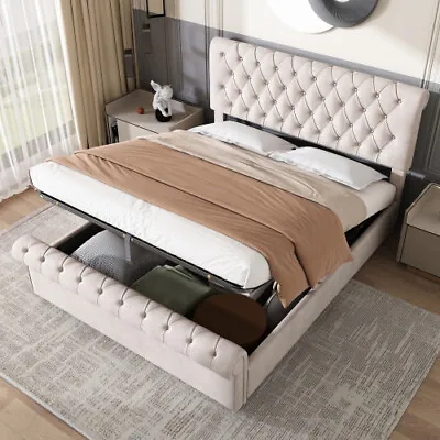 Double Bed 4FT6 Ottoman Gas Lift Storage Bed Velvet Upholstered Bed Frame BT • £259.99