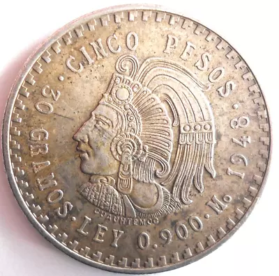 1948 MEXICO 5 PESOS - AU - RARE Vintage Silver Crown Coin - Lot A18 • $0.99