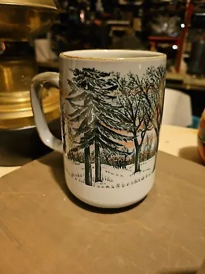 Vtg OTIGARI MUG PINE TREES Tall Winter Coffee Mug Cup Gray Blue  JAPAN 5x3  • $14