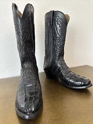LUCCHESE BLACK CAIMAN HORNBACK CROCODILE COWBOY BOOTS Mens Sz 9 D Made In USA • $399