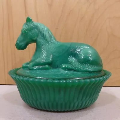 McKee SUMMIT Malachite Green Resting Pony Horse On Split Rib Bowl Covered Dish • $46