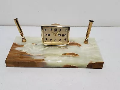 Vintage Linden Desk Set Clock With Alarm Pen Holder Marble Onyx Gift Set • $55.21