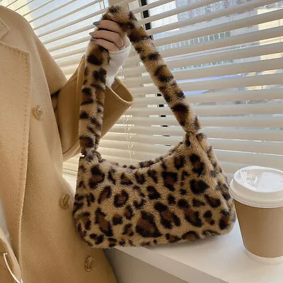 £10.03 • Buy Fluffy Leopard Cow Print Fashion Soft Plush For Women Shoulder Underarm Bags