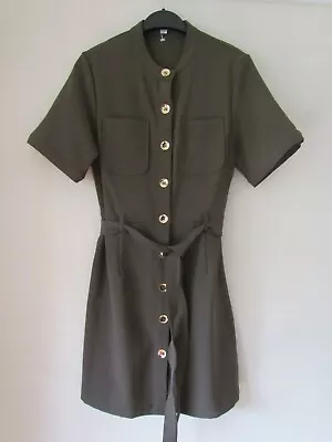 Warehouse Khaki Green Safara Style Button Thru Stretch Dress Size 10   B229g • £14.99