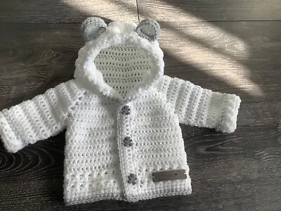 £12 • Buy Handmade Gift Crochet Baby  white And Grey Trimmed Unisex Teddy Hoodie 0-3 Mths 