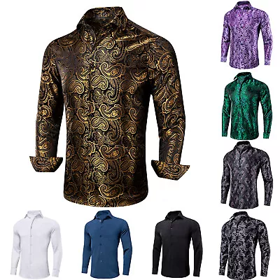 Formal Mens Long Sleeve Shirt Purple Green Blue T Shirt Button Down Top Casual • £26.99