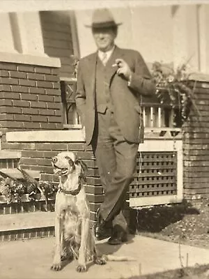 Vintage Snapshot Photo Springer Spaniel Dog W/ Man In Hat With Cigar • $8.49