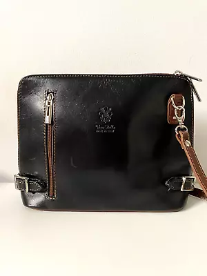 Vera Pelle Crossbody Bag Black Brown Zip Top Small Shoulder Leather Italy • $65