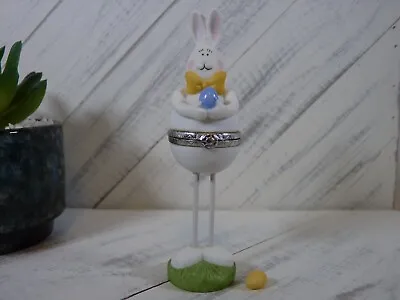 SGE Tall Easter Bunny With Blue Egg Porcelain Hinged Trinket Box Egg Trinket L4 • $14.95