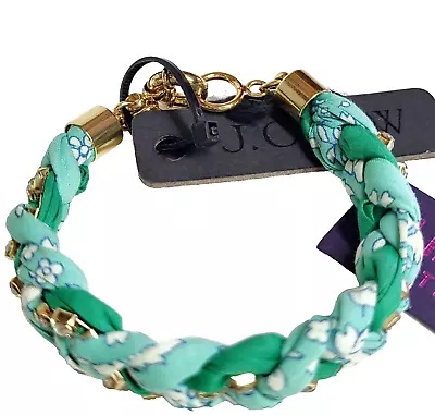 J.Crew Braided Crystal Bracelet In Liberty Print Teal Green Light Gold Ox NWT • $38