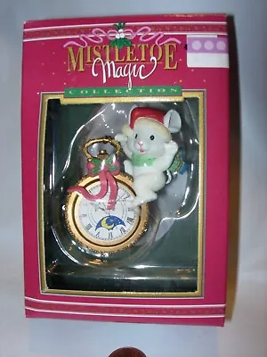 Vintage Mistletoe Magic Christmas Tree Ornament White Mouse Pocket Watch • $12.34