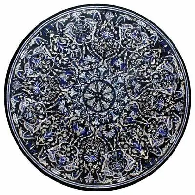 52  Black Marble Round Dining Coffee Table Top Lapis Inlay Floral Mosaic Antique • $5115.75