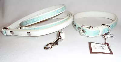 New Coach Blue Jacquard Signature C Leather Dog Collar Leash Set Medium 60364 • $161.10