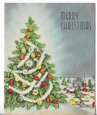 Used Vtg CHRISTMAS CARD-approx 4.5x5.25  Decorated Christmas Tree & Village • $1.98