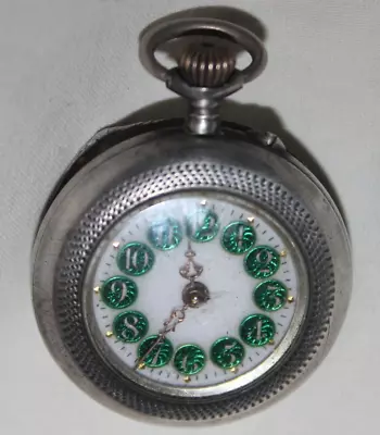 Antique Pure .800 Silver And Green Enamel Pocket Watch... • $39.99