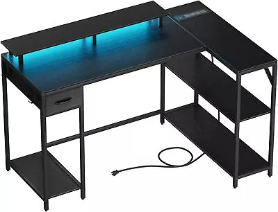 L Shaped Gaming Desk With Power Outlet & LED Light Corner Gaming Desk W/Drawer • $137.99