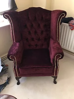 Chesterfield Fabric Queen Anne High Back Wing Chair Aubergine Velvet • £102