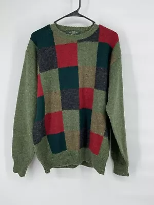 Orvis Mens Pure Shetland Wool Sweater Green L Pullover Patchwork • $26.99