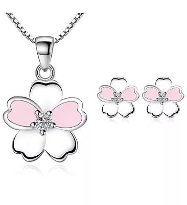 925 Sterling Silver Pink Flower Pendant Necklace Stud Earrings Womens Gift • £3.49