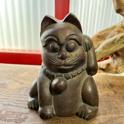 MANEKI NEKO Lucky Beckoning Cat Wooden Statue 5.5 Inch MEIJI Japanese Antique • $479.99