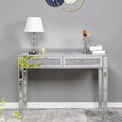 Modern Console Table Mirrored Vanity Table Makeup Dressing Desk 2 Diamond Drawer • $160.89