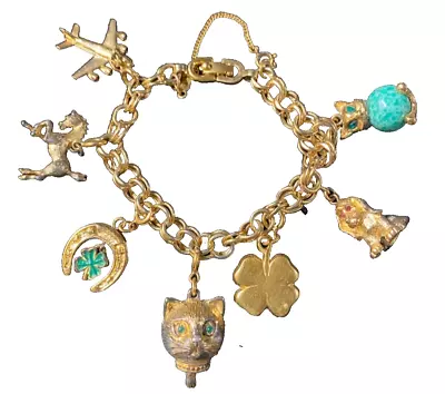 Vintage Monet Golden Charm Bracelet Wink Cat Art Glass Belly Cat Lucky Horseshoe • $95