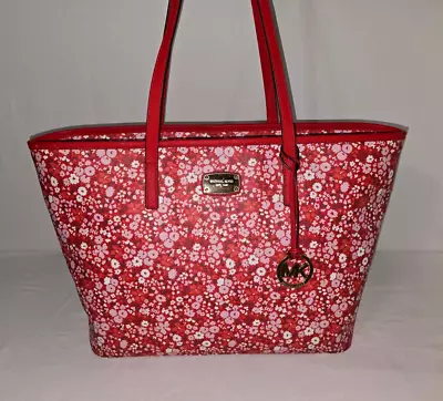 Michael Kors Emry Large Dark Sangria Red Zip Top Floral Shoulder Tote Bag • $38