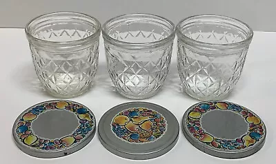 Vintage BALL QUILTED CRYSTAL Lot 3 JELLY JARS Metal Lid Fruit Wreath Canning Jar • $12.79