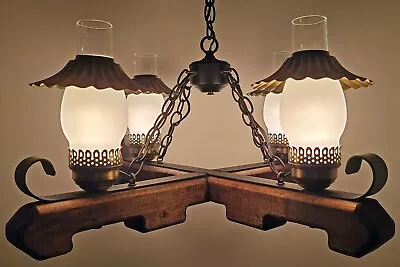 Mid-century Ceiling Fixture Saloon Chandelier Spanish Medieval Western Iron Wood • $399.99