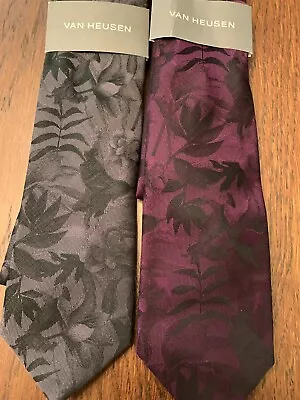 Men's Van Heusen Ties NWT  Lot Of 2  Gray Tonal Floral / Purple Tonal Floral • $10