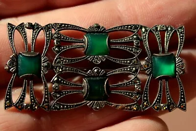Old Antique Art Deco Sterling Silver Green Glass & Marcasite Brooch Pin • $42