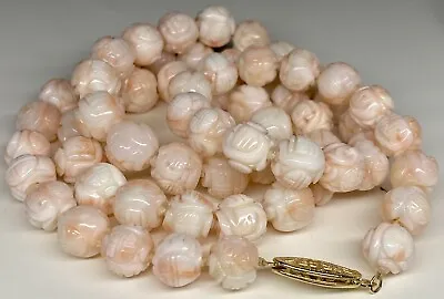 Vintage Chinese Shou Carved Angel Skin Coral Bead Necklace 24” 14k Clasp Knotted • $650