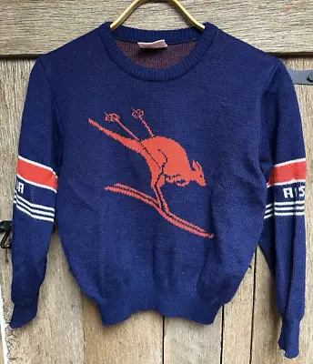 Vtg 80s JAC-Tion Wool Australia Kangaroo Ski Sweater Warm Navy Red 14/90 S GUC • $39.99