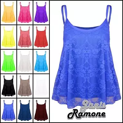 Womens Floral Lace Cami Top Mesh Camisole Flared Strappy Vest Summer Tank Top • £5.99