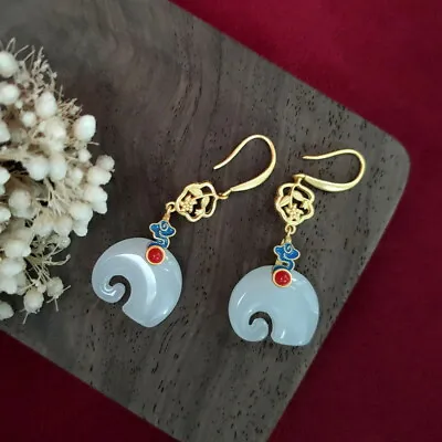 White Jade Elephant Earrings Natural Jewelry Carved 925 Silver Women Real • $10