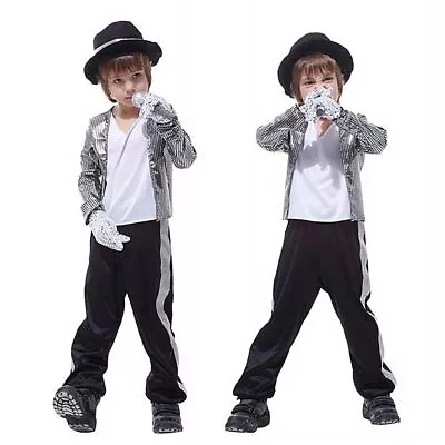 Michael Jackson Costume Fancy Dress Top Trousers Hat Kids Boys Girls Children • £17.72