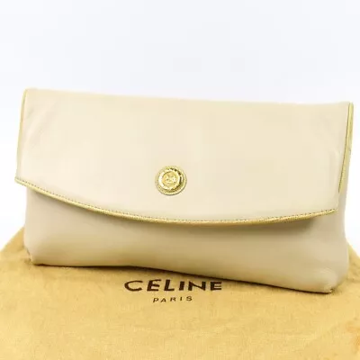 CELINE  Business Bag Carriage Metal Vintage Clutch Bag Ivory Italy Leather 79664 • $114