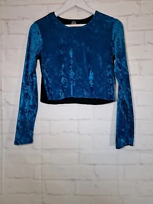 Rokit Recycled T Shirt Size M Blue Black Velvet Long Sleeve Crop Top Blouse • £9.99