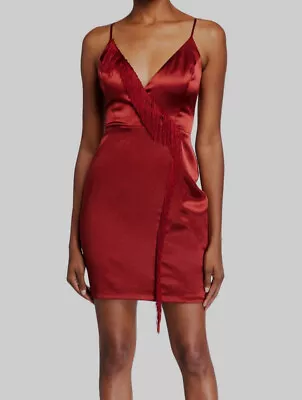 $245 Aidan Mattox Women's Red Liquid Satin Fringe Faux Wrap Dress Size 12 • $78.78