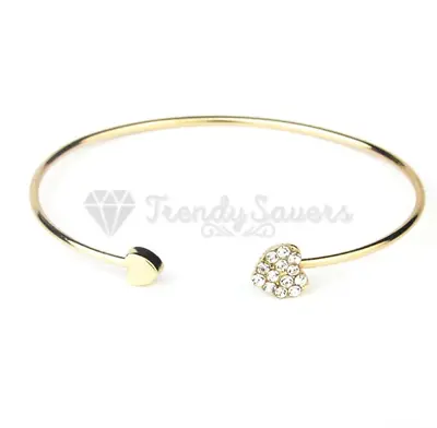 18ct Gold Plated Small Cubic Zirconia Cute Heart Charm Bracelet Open Cuff Bangle • £3.99