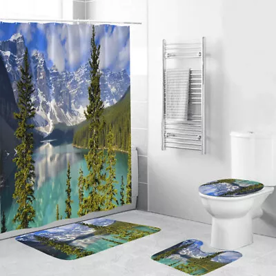 3D River Forest Snowy Mountains Shower Curtain Toilet Lid Cover Bath Mat Rug Set • £29.96