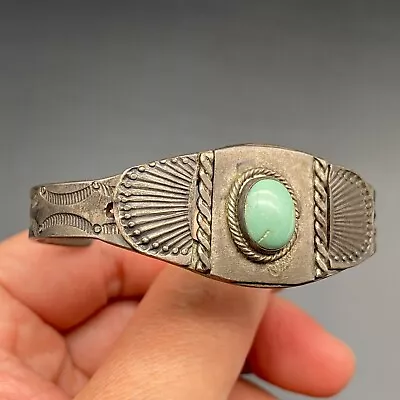 Vintage Navajo Native Turquoise Hand Stamped Silver Bracelet Cuff Small 6-1/4  • $585