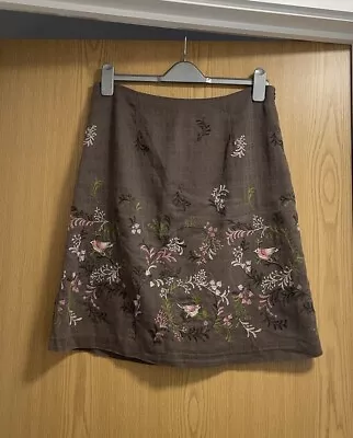 Ladies Laura Ashley Brown Skirt With Embroidered Floral And Bird Print Size 12 • £15