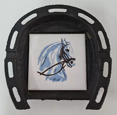 Vintage Ashtray Cast Iron Horseshoe Inset Horse Picture On Ceramic Tile Taiwan • $45.86